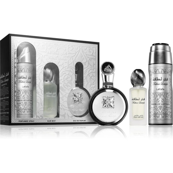 Fakhar Silver Lattafa For Men 3Pcs Gift Set 3.4oz Eau de Parfum