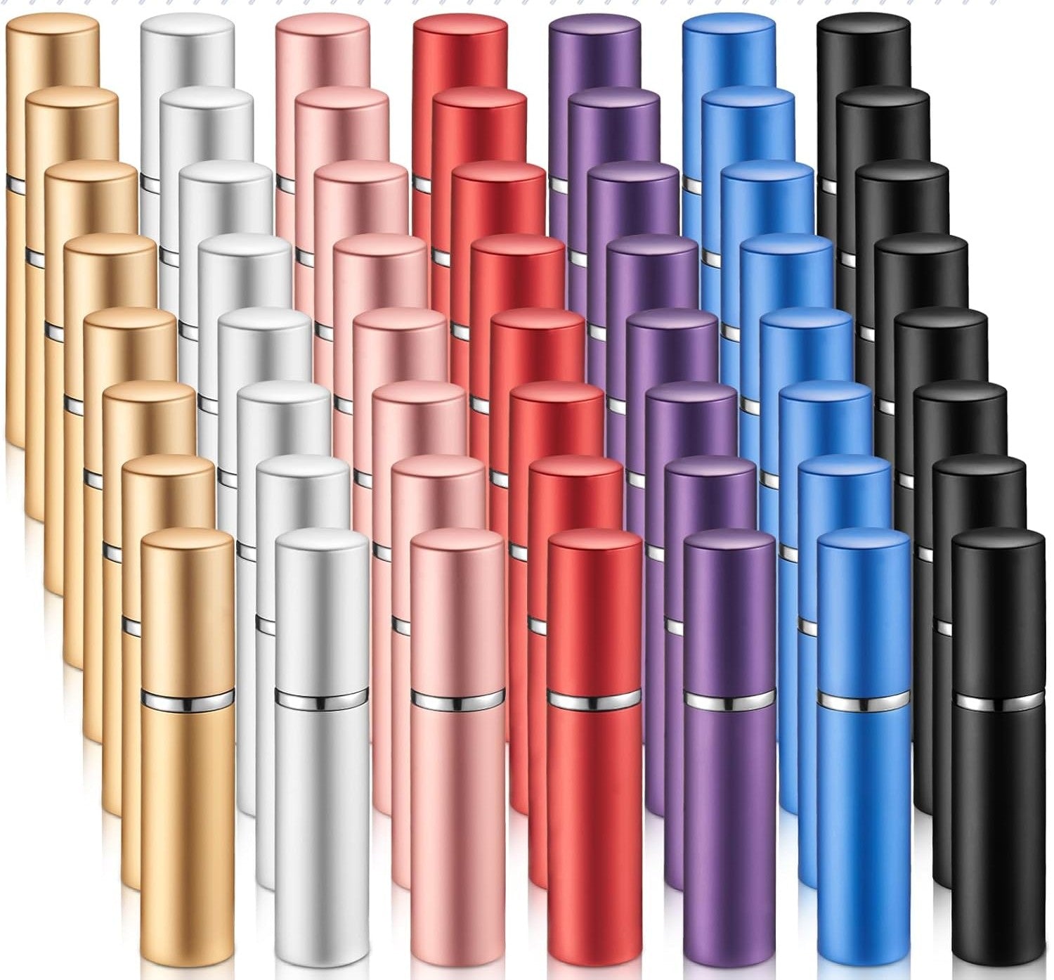 Bulk display of 5ml refillable perfume atomizer bottles in 7 colors - silver gold pink red purple blue black