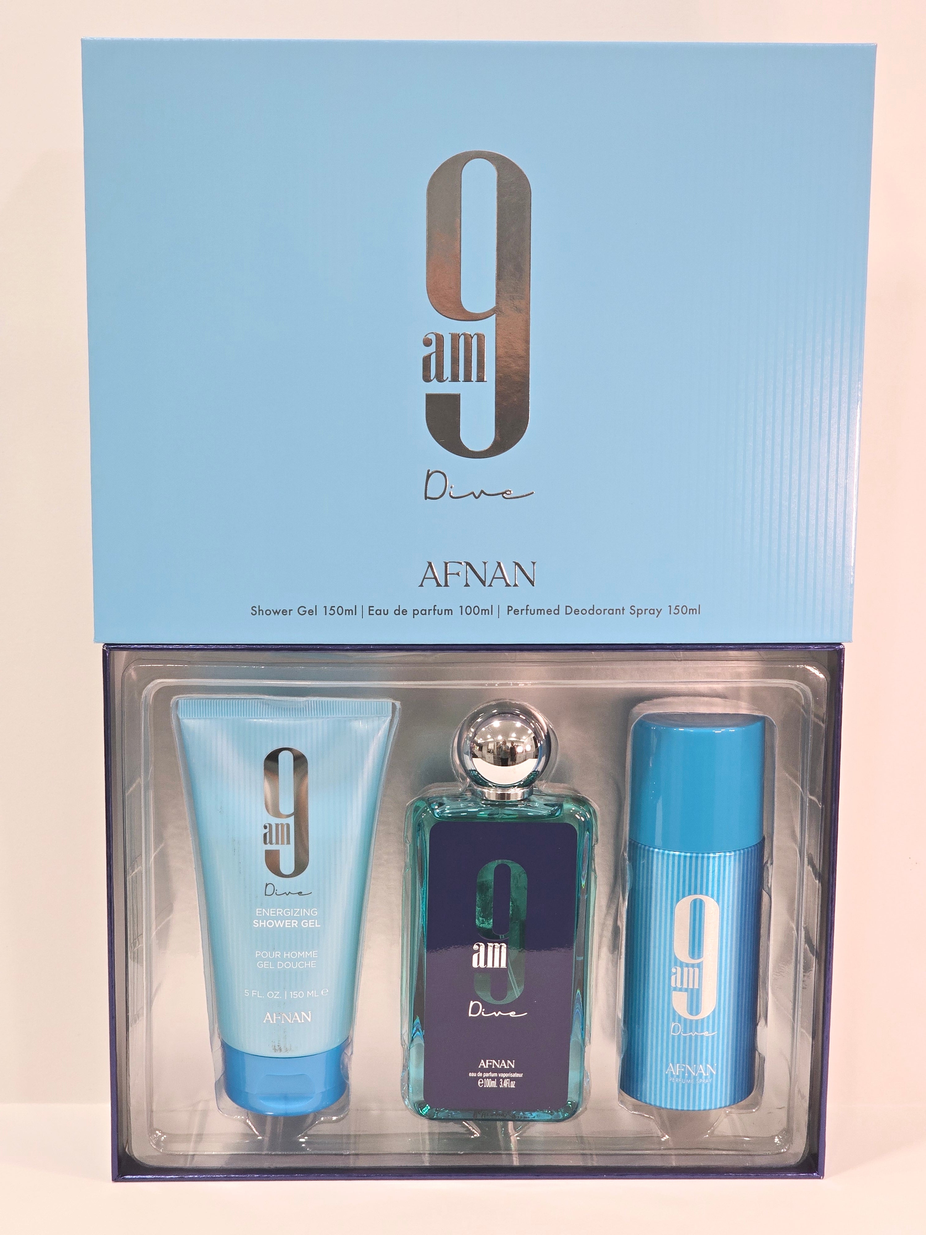 9am 9AM Dive By Afnan Gift Set EDP 100ml Deo 150ml Shower Gel 150ml Unisex ...