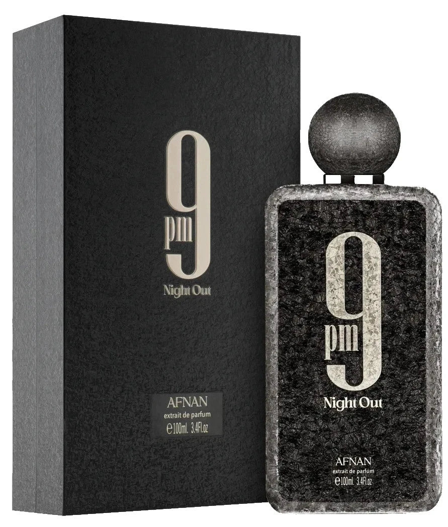 Afnan 9pm Night Out perfume bottle and packaging on a white background