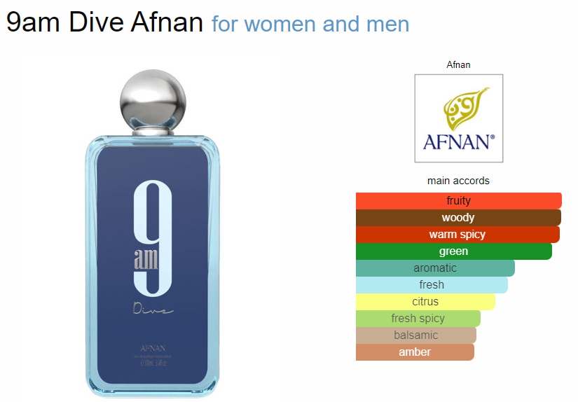 9 AM Dive By Afnan Perfumes Unisex Eau De Parfum Spray 3.4oz/100ml