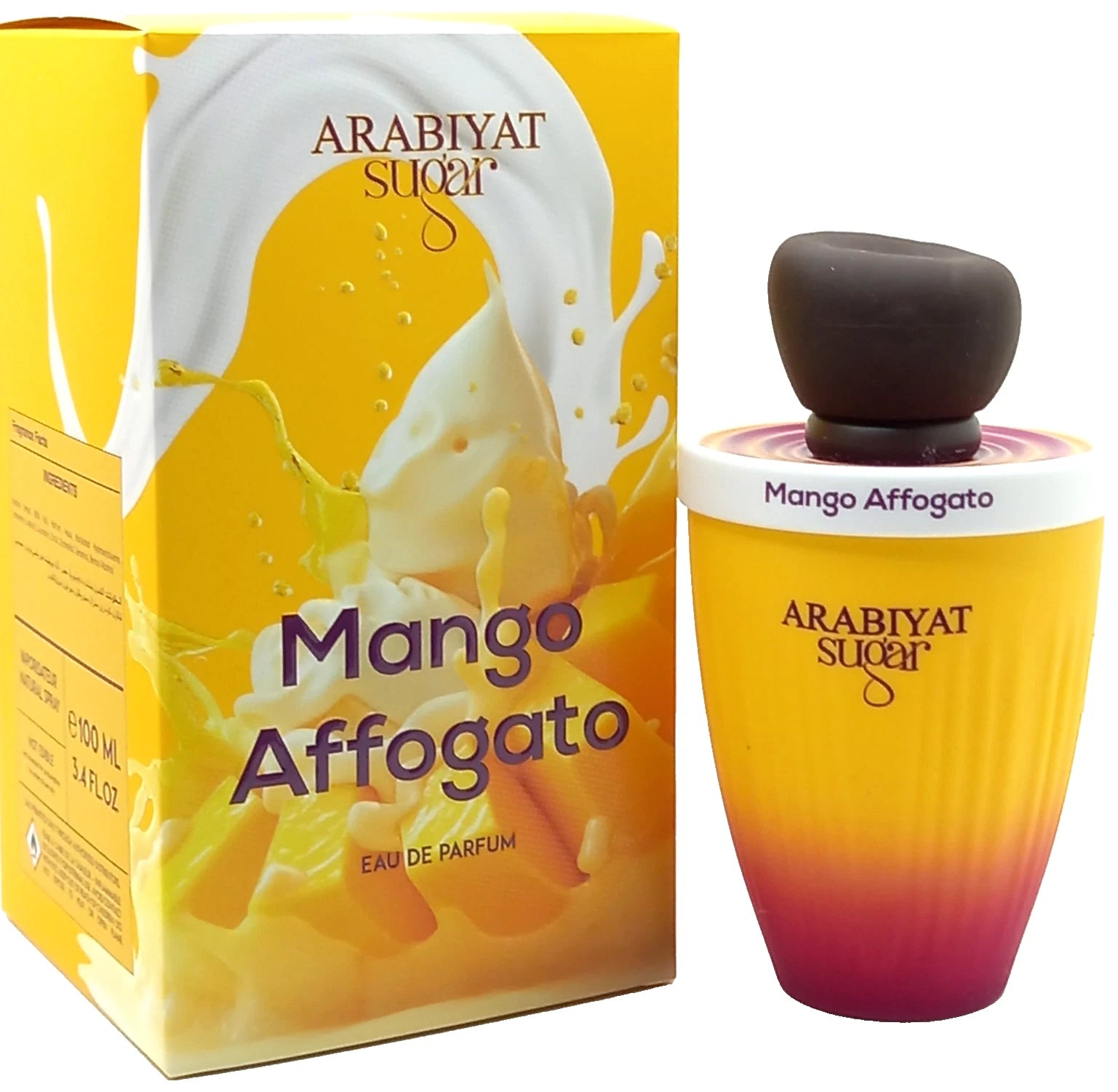 Arabiyat Mango Affogato perfume bottle and packaging on a white background