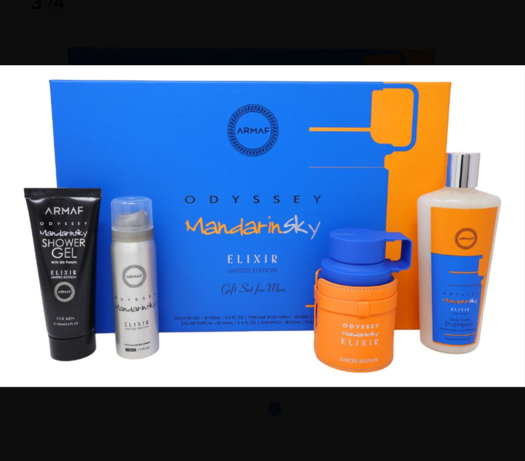 Set of beauty products including a blue box, bottles, and containers on a white background