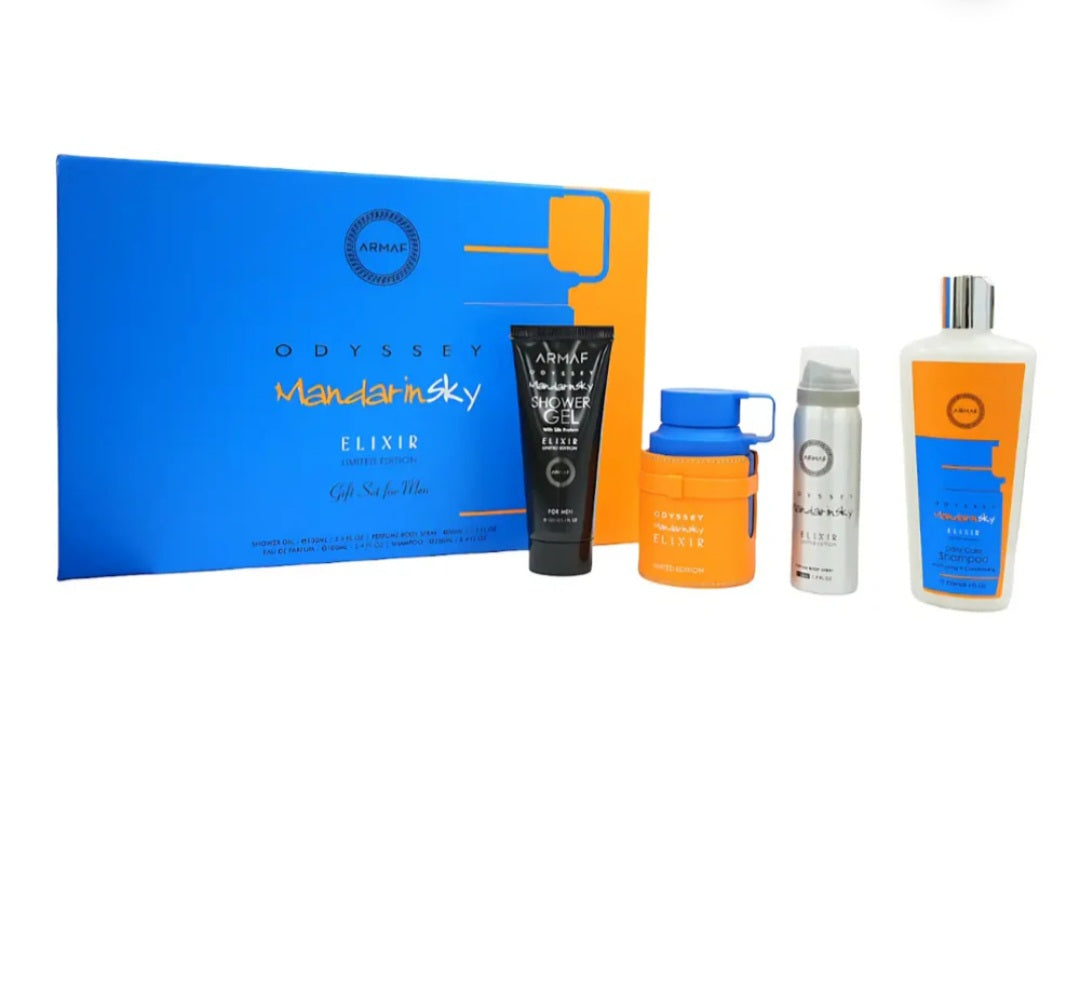 Set of beauty products including a blue box, bottles, and containers on a white background