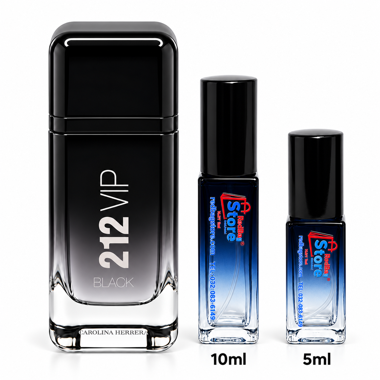 Carolina Herrera 212 VIP Black bottle beside RedBag Store 10ml and 5ml blue decant sprays
