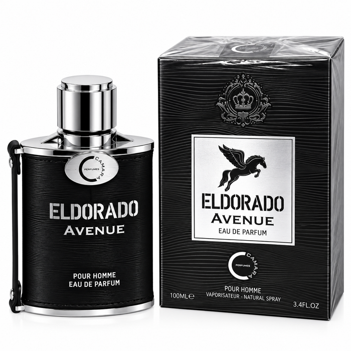 Camara Eldorado Avenue EDP 100ml full product shot bottle and black gift box on white background