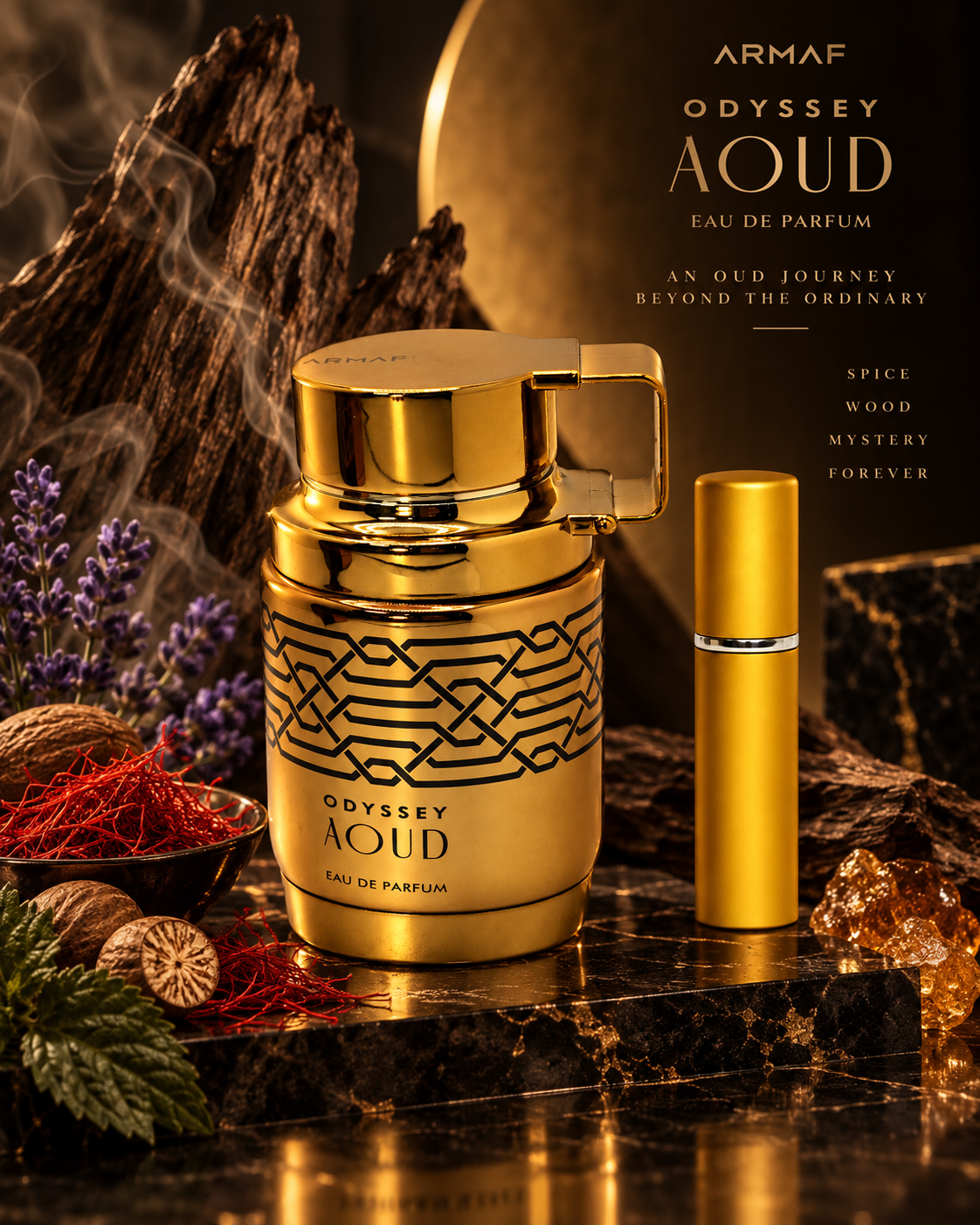 Armaf Odyssey Aoud opens with Bergamot, Spices, reveals Oud, Rose, Incense at the heart, and settles into Sandalwood, Musk, Amber in the base. Its woody, amber, oriental profile creates an elegant, versatile presence ideal for everyday wear, dates, dinners, and special occasions.