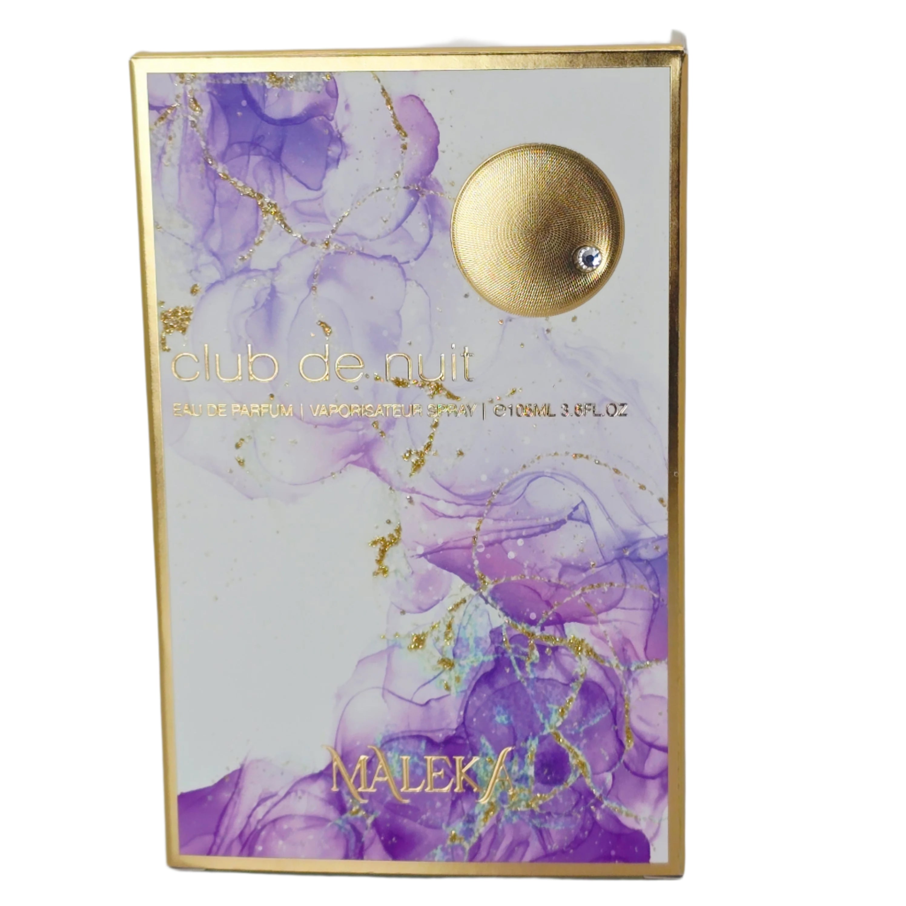 Purple perfume bottle with gold cap and chain, surrounded by fruits and flowers on a white background