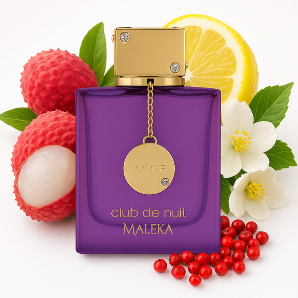 Purple perfume bottle with gold cap and chain, surrounded by fruits and flowers on a white background