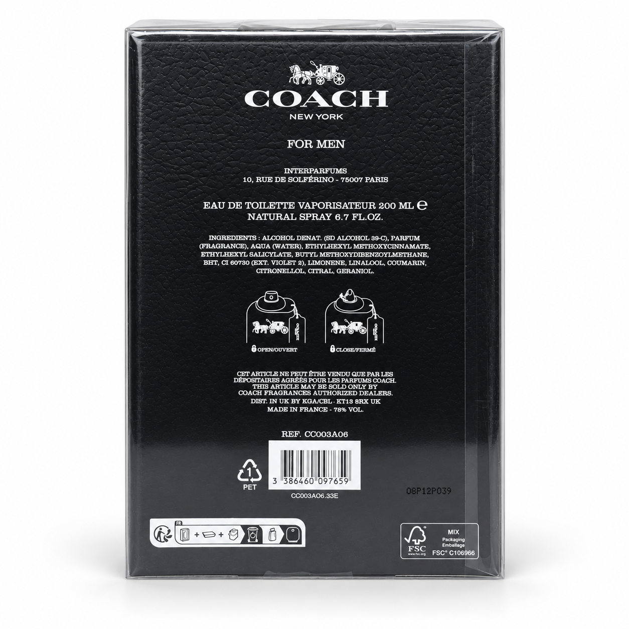 Coach New York for Men EDT 200ml black gradient bottle front view in open silver gift box on white background