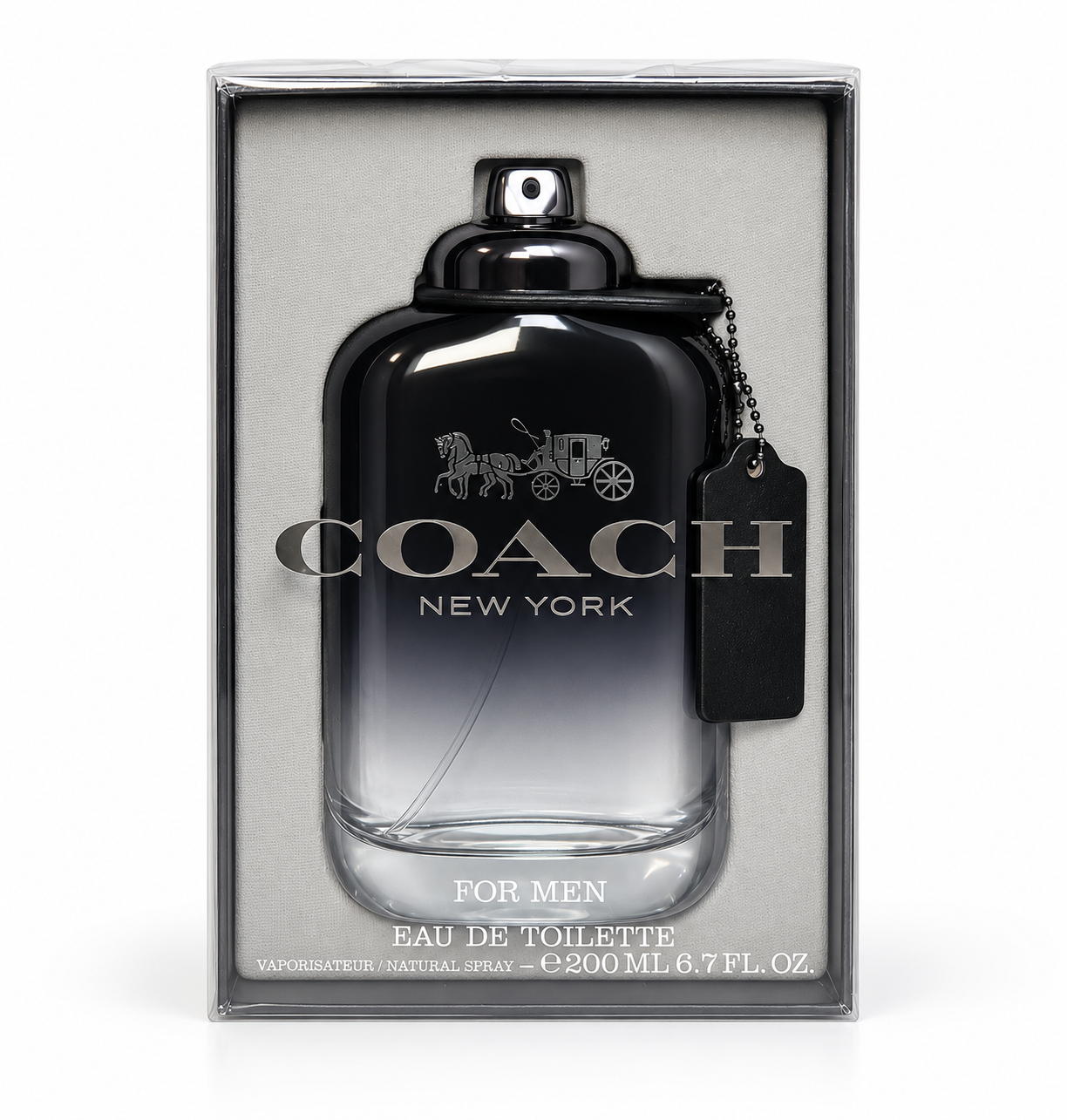 Coach New York for Men EDT 200ml black gradient bottle front view in open silver gift box on white background