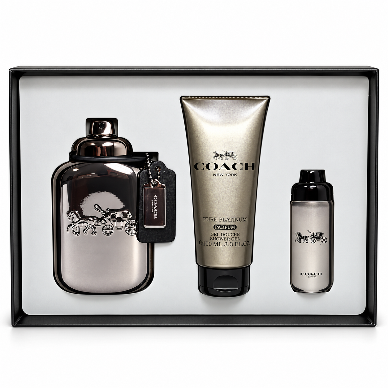 Set de Regalo de 3 Piezas Coach Pure Platinum Parfum para Hombre – 100ml