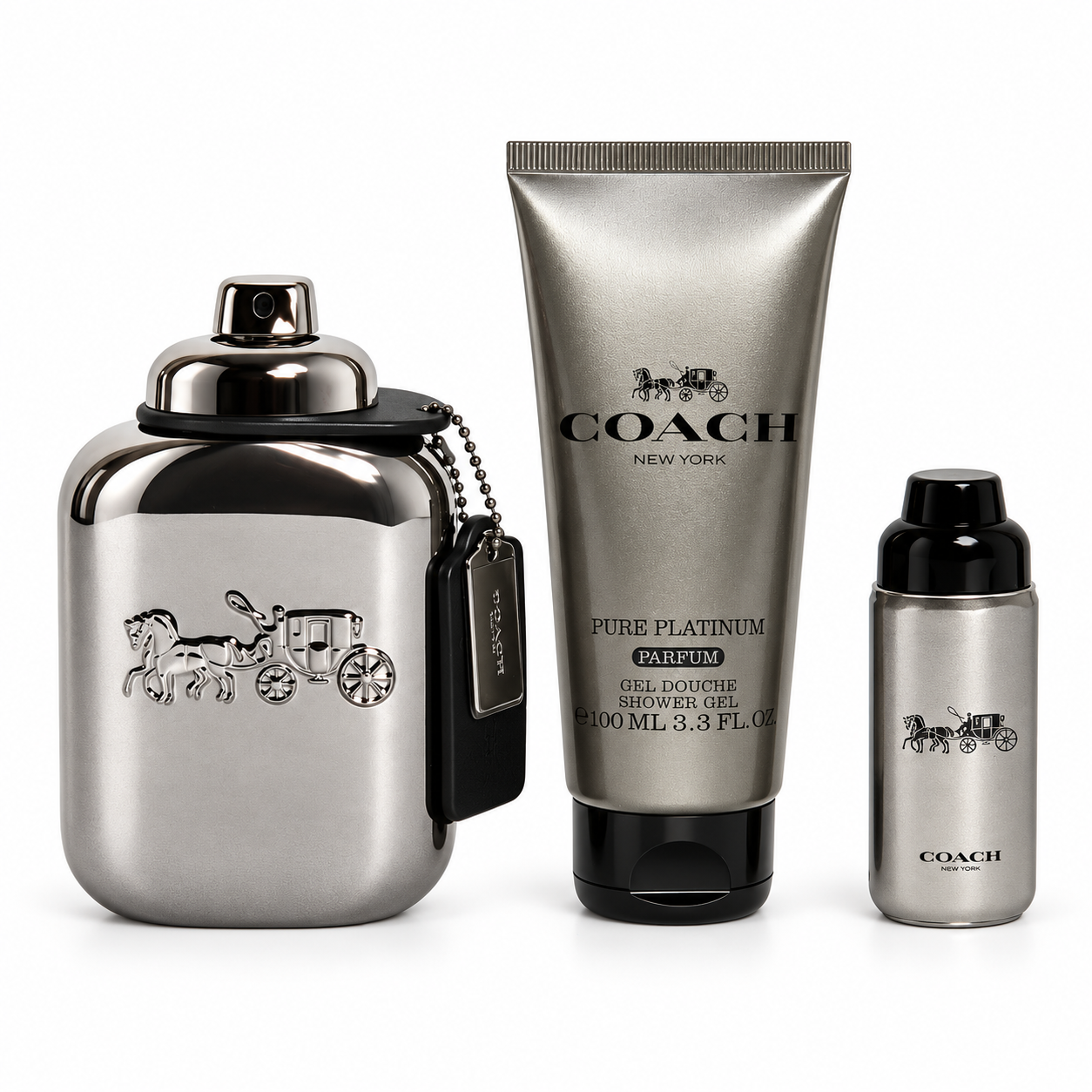 Set de Regalo de 3 Piezas Coach Pure Platinum Parfum para Hombre – 100ml