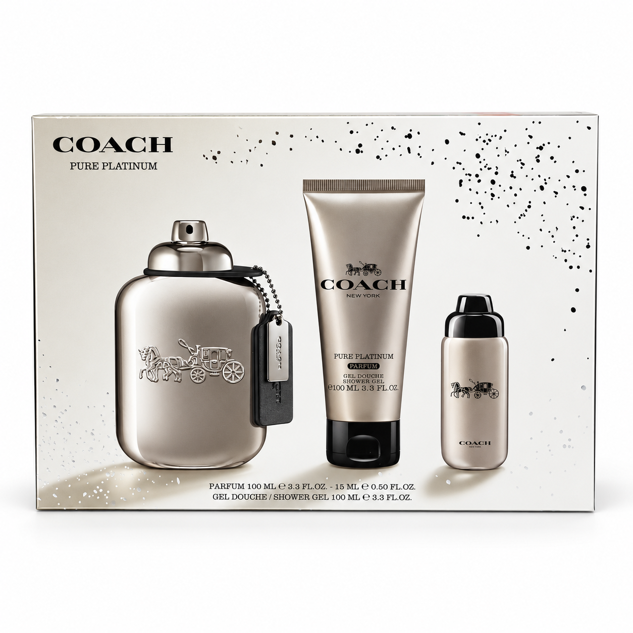 Set de Regalo de 3 Piezas Coach Pure Platinum Parfum para Hombre – 100ml