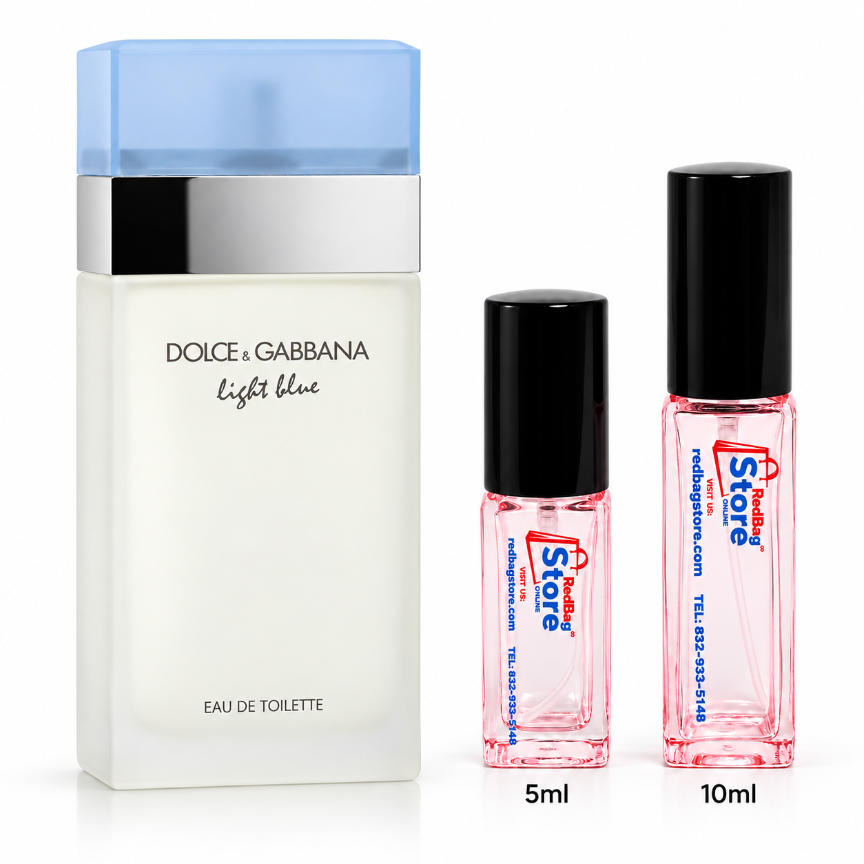 Dolce & Gabbana Light Blue EDT bottle beside pink RedBag Store 5ml and 10ml decant sprays
