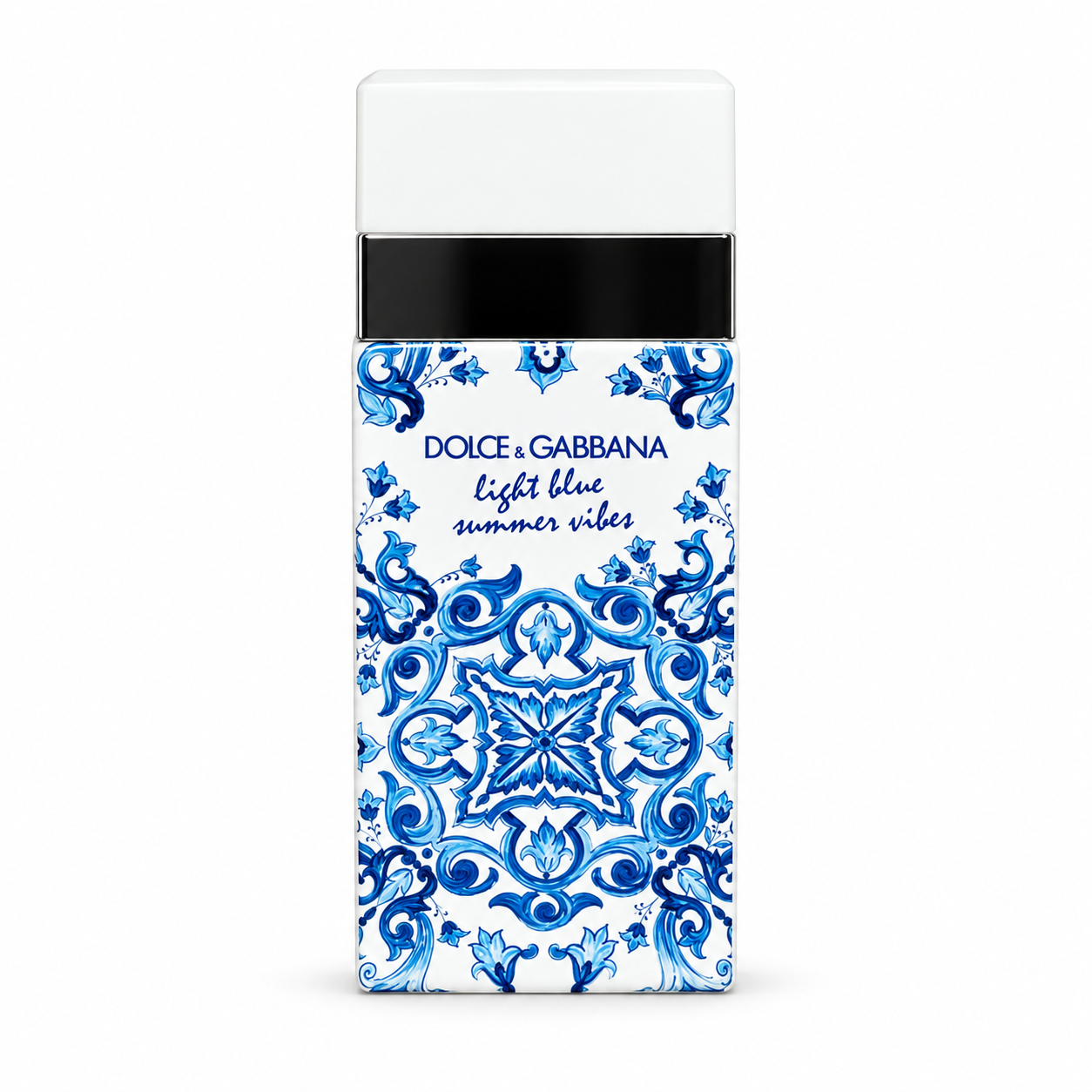 Dolce Gabbana Light Blue Summer Vibes Tester white box and blue baroque tile bottle angled view