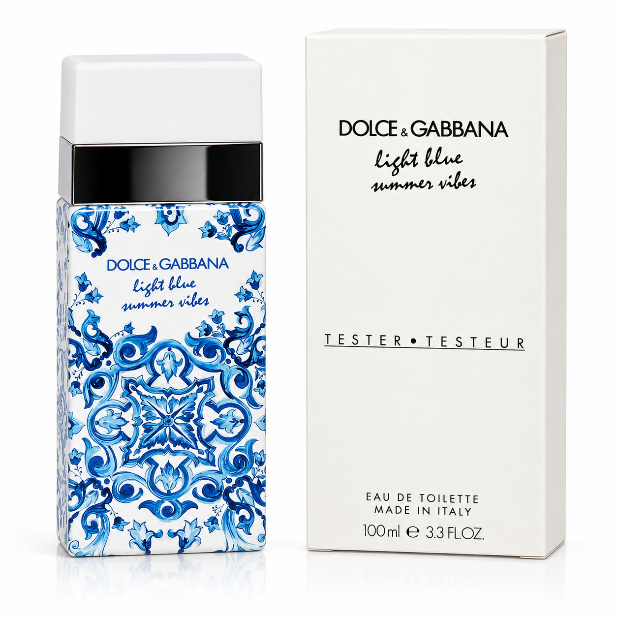 Dolce Gabbana Light Blue Summer Vibes Tester white box and blue baroque tile bottle angled view
