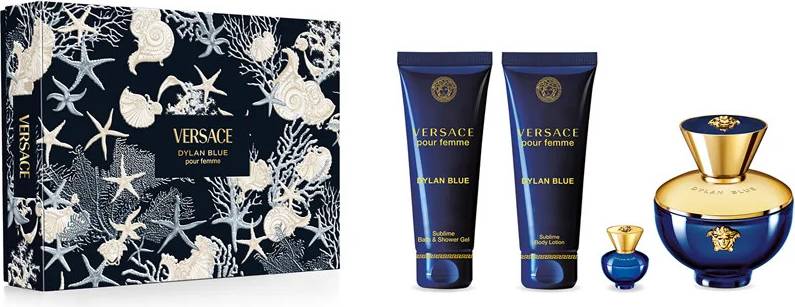 Versace Dylan Blue perfume set with packaging and bottles on a white background