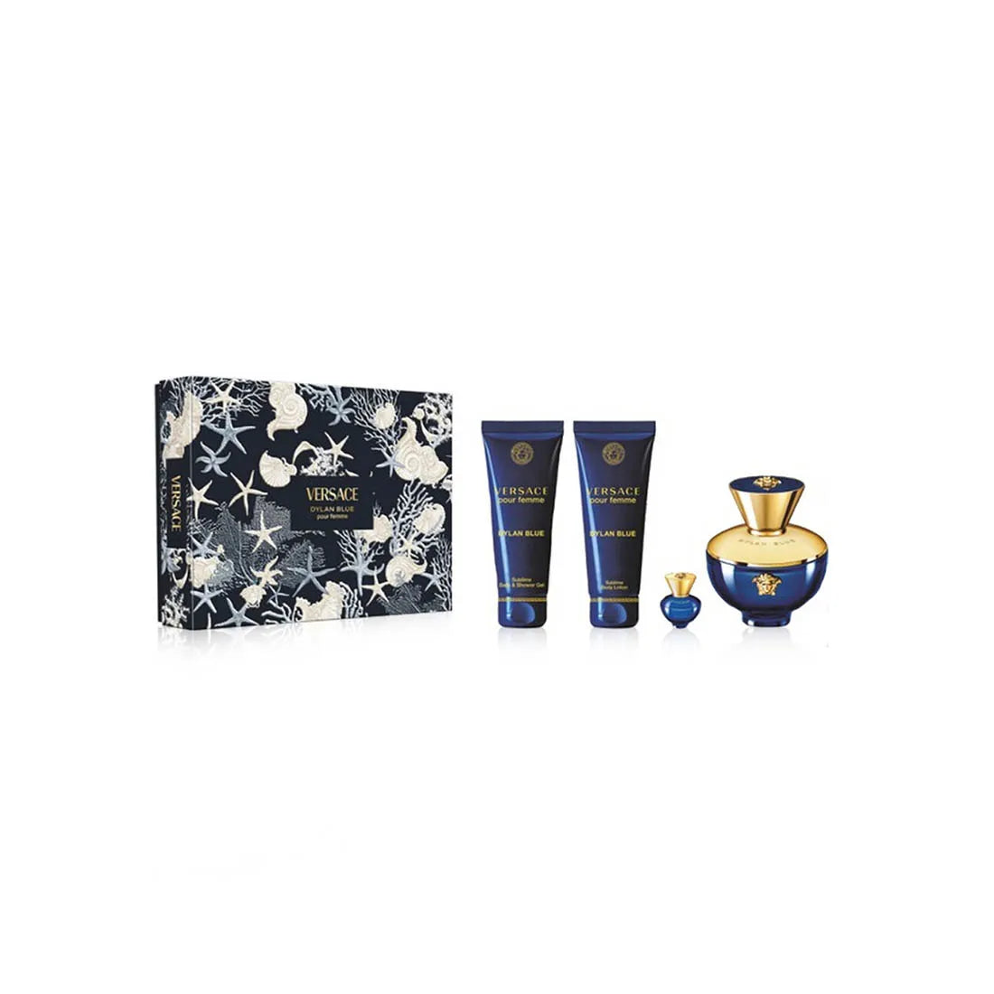 Versace Dylan Blue perfume set with packaging and bottles on a white background