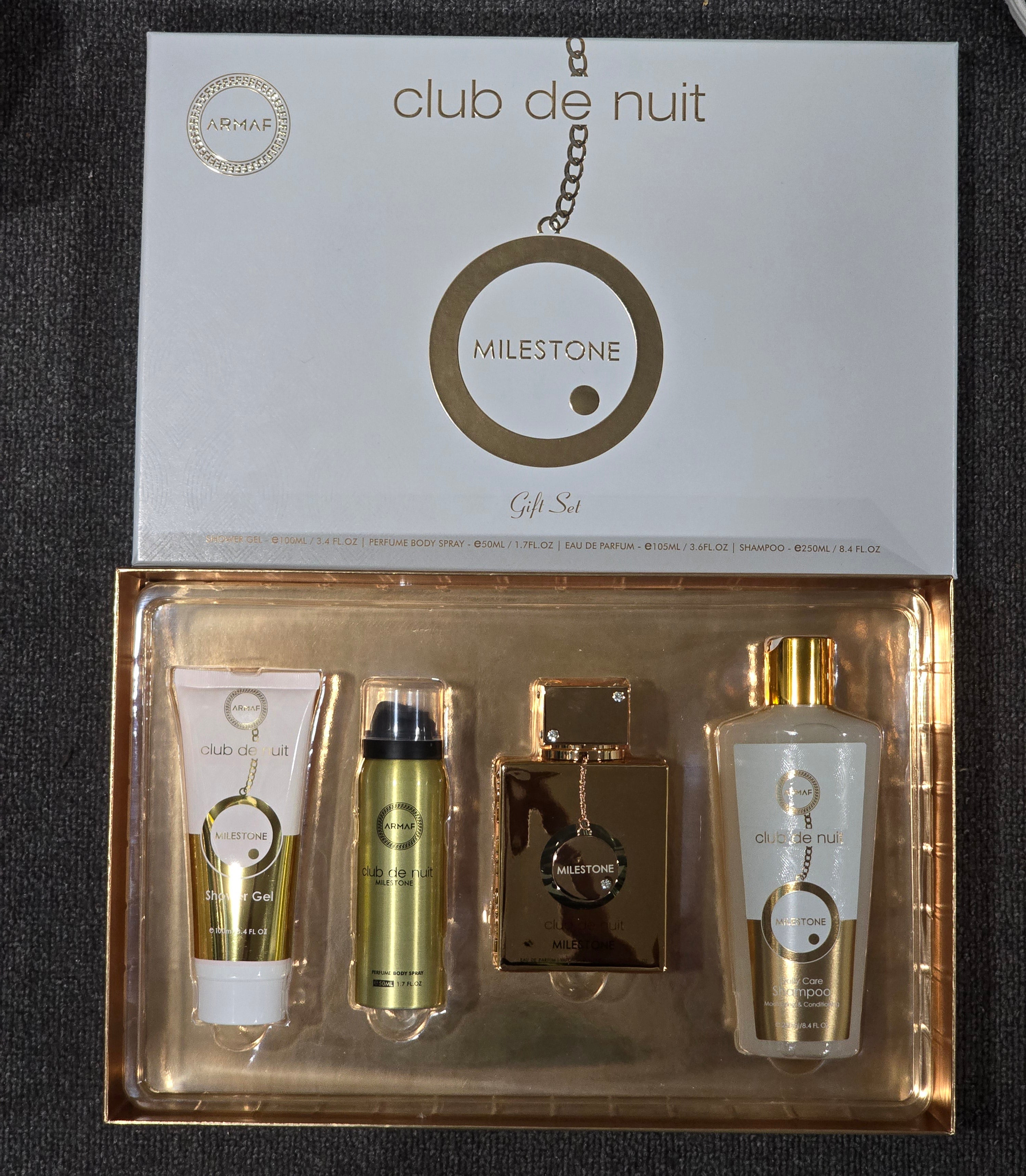 Indulge in a luxurious fragrance with the Armaf Club De Nuit Milestone Gift Set. This set includes a 3.6oz/105ml bottle of unisex Eau De Parfum, as well as a 3.4oz/100ml Shower Gel and 1.7oz Perfume Body Spray, making it the perfect gift for any fragrance lover.