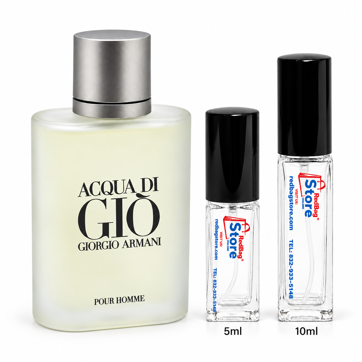 Giorgio Armani Acqua di Giò Pour Homme bottle beside clear RedBag Store 5ml and 10ml decant sprays