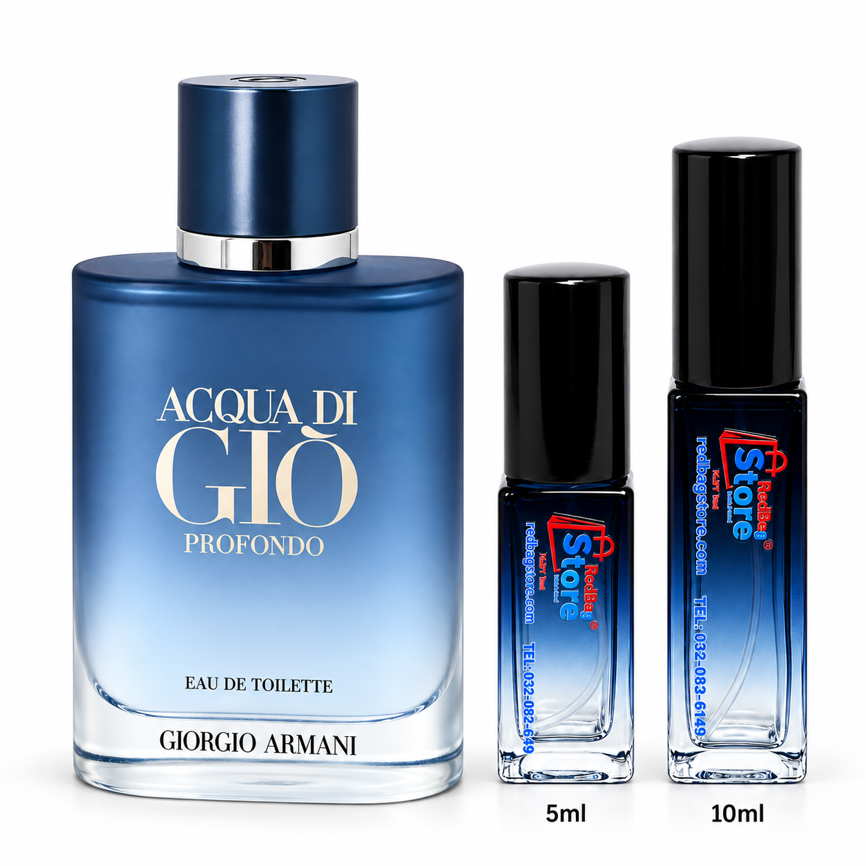 Giorgio Armani Acqua di Giò Profondo Eau de Toilette bottle beside blue RedBag Store 5ml and 10ml decant sprays