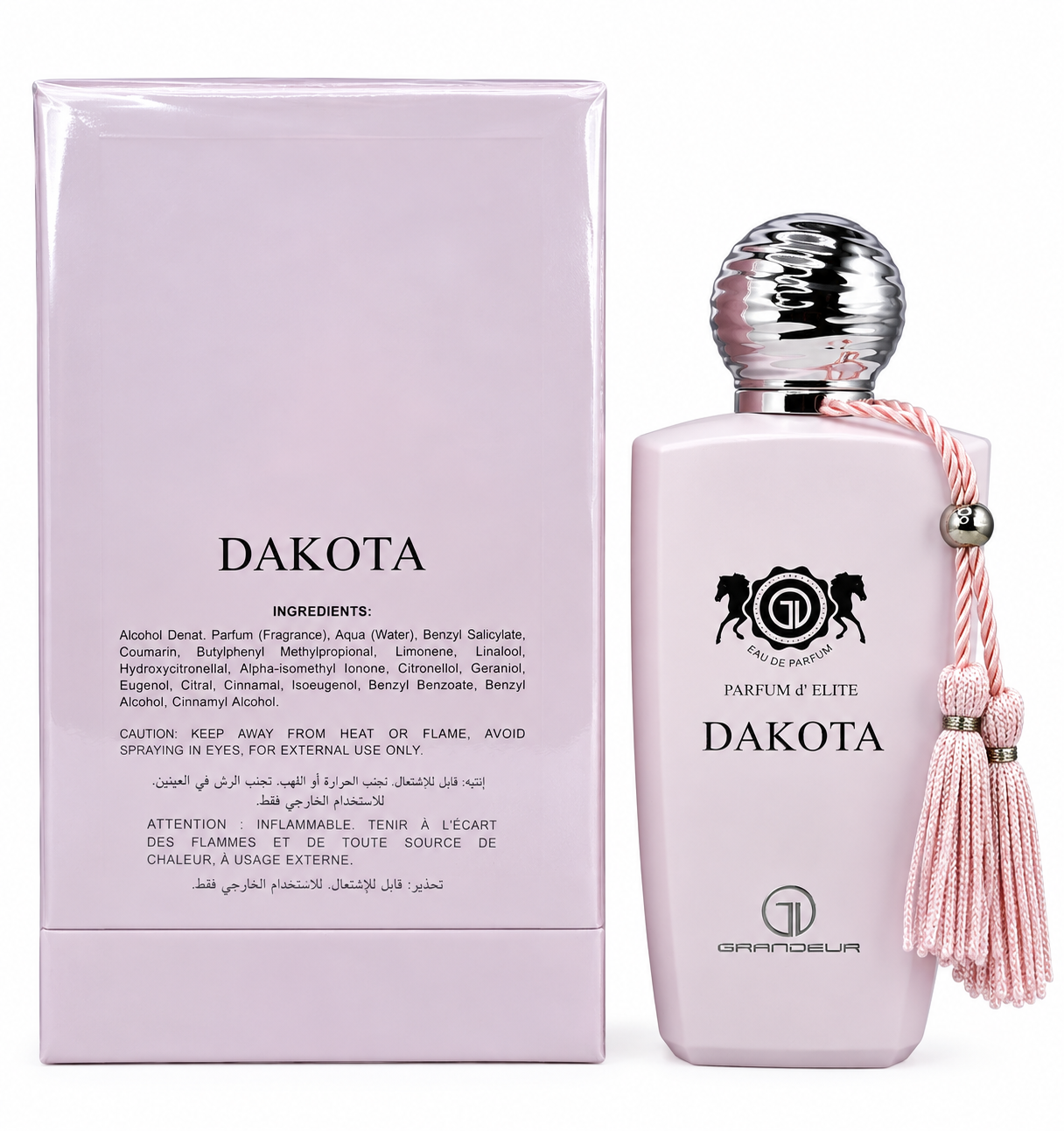 Grandeur Elite Dakota opens with Rhubarb, Lychee, Bergamot Essence, reveals Turkish Rose, Peony, Vanilla at the heart, and settles into Cashmeran, Musk, Vetiver in the base. Its floral, fruity, woody profile creates an elegant, versatile presence ideal for everyday wear, dates, dinners, and special occasions.