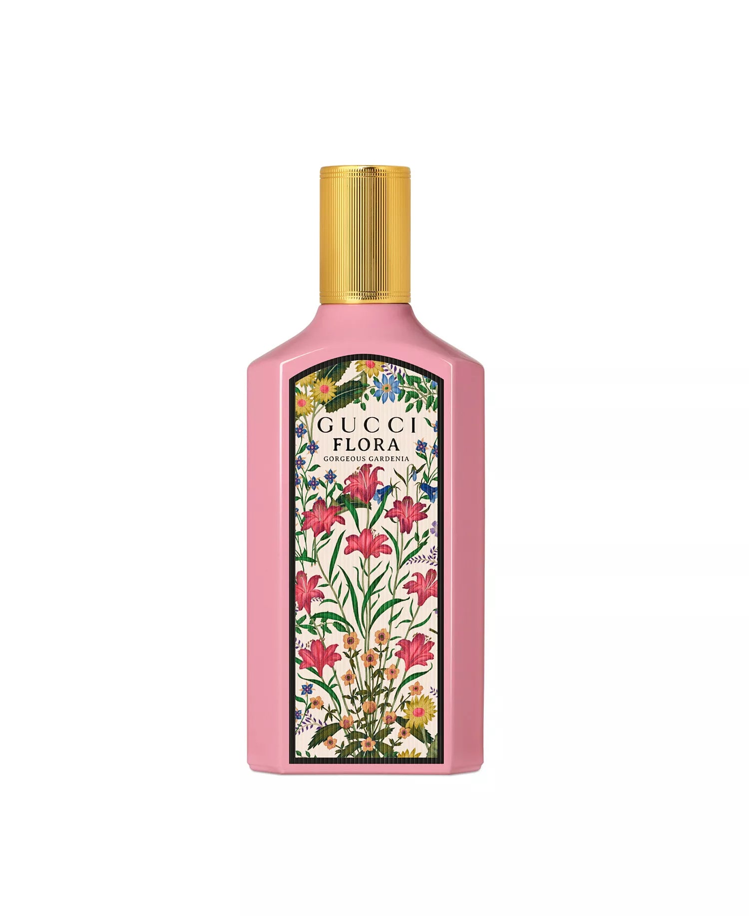 Gucci Flora Gorgeous Gardenia EDP 3.3 oz pink bottle with gold cap and floral print label - front view
