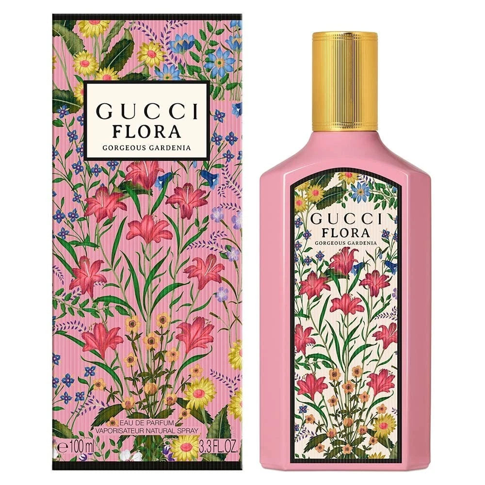 Gucci Flora Gorgeous Gardenia EDP 3.3 oz pink bottle with gold cap and floral print label - front view