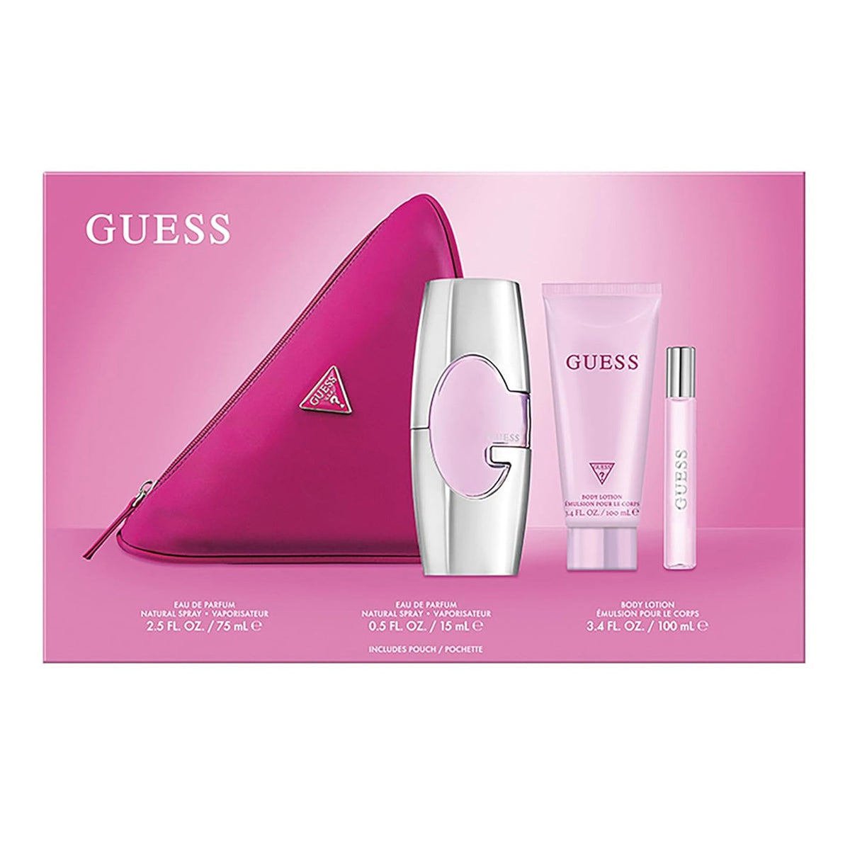 Guess beauty product set with pink and white packaging on a white background
