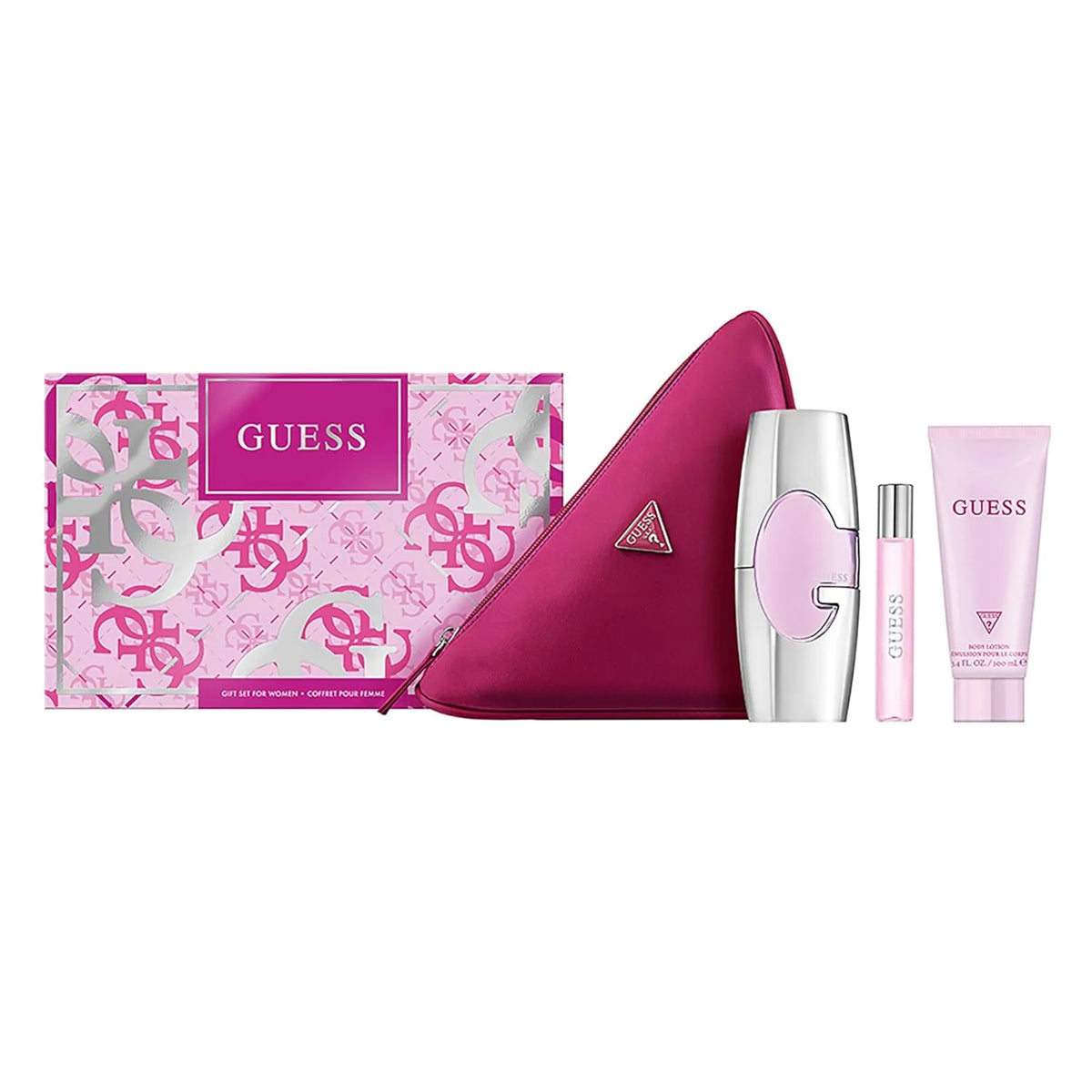 Guess beauty product set with pink and white packaging on a white background