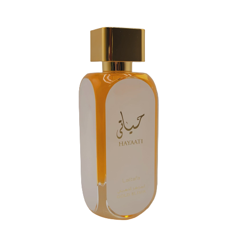 Hayaati Gold Elixir de Lattafa, espray de 100 ml/3.4 fl oz Eau De Parfum Unisex, fragancia floral para una elegancia atemporal.