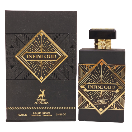 The image shows a black and gold bottle of 'Infini Oud' eau de parfum by Maison Alhambra. The packaging is elegant with intricate gold patterns and the brand's logo.