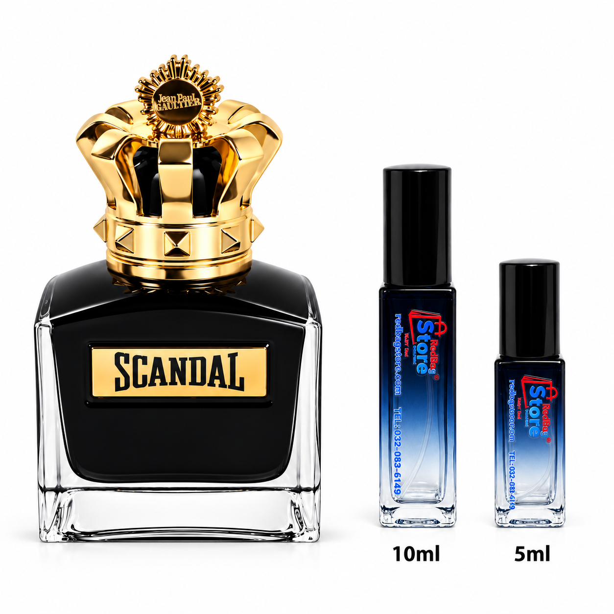Jean Paul Gaultier Scandal bottle beside RedBag Store 10ml and 5ml blue decant atomizers