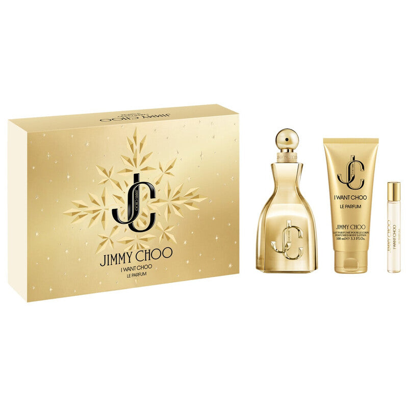 Jimmy Choo perfume set with gold bottle, box, and tube on a white background