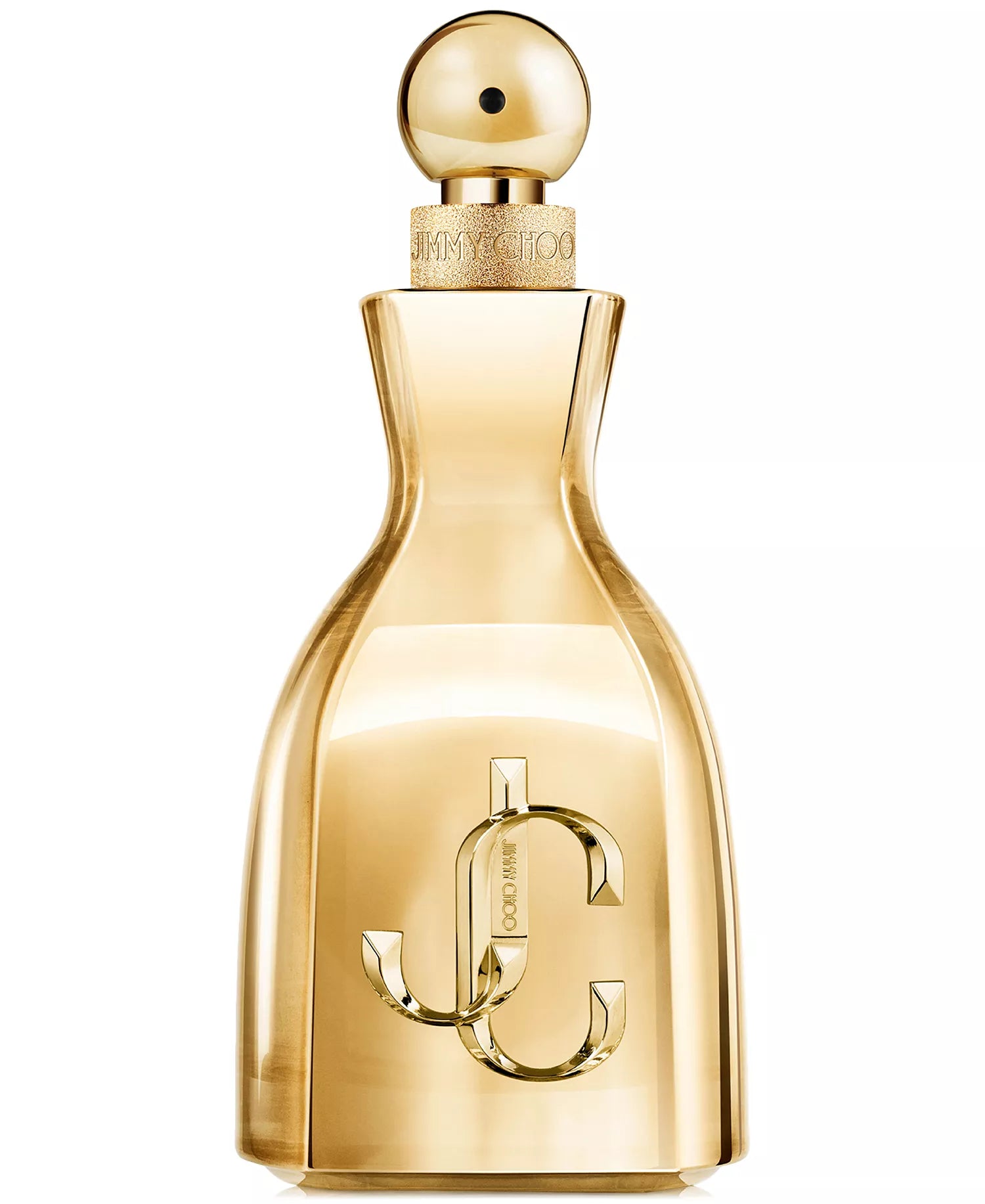 Jimmy Choo perfume set with gold bottle, box, and tube on a white background