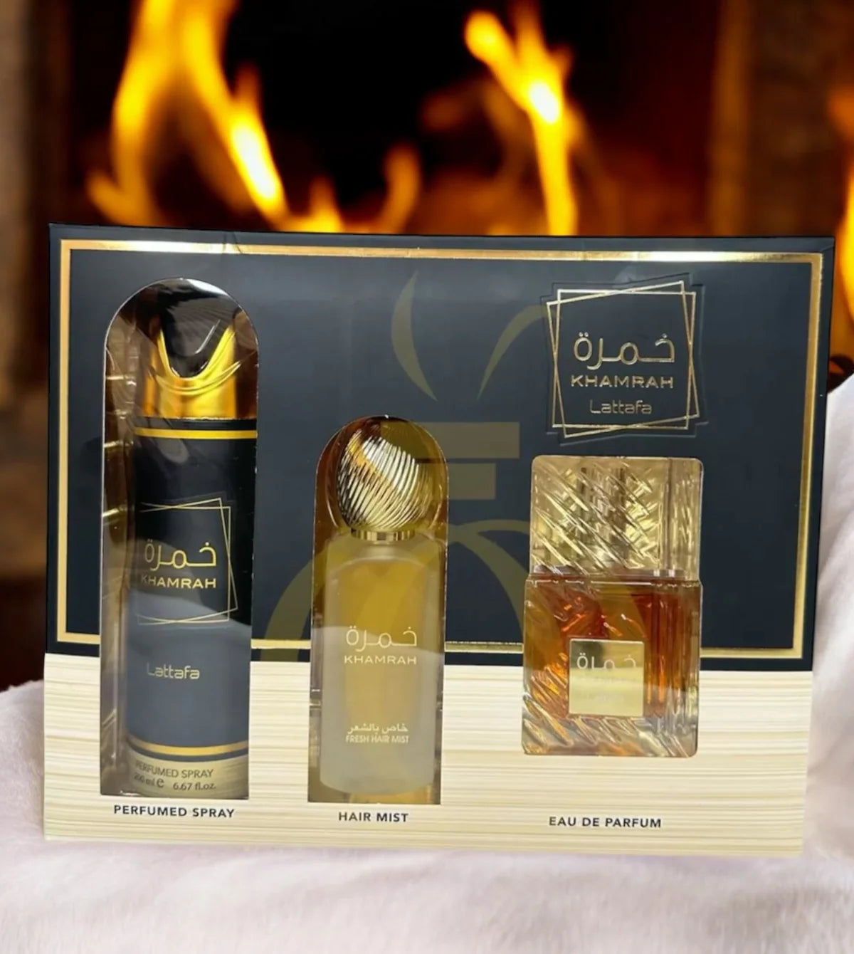 Khamrah By Lattafa Unisex 3Pcs Gift Set 100ml EDP 200ml Deo 50ml Hairmist