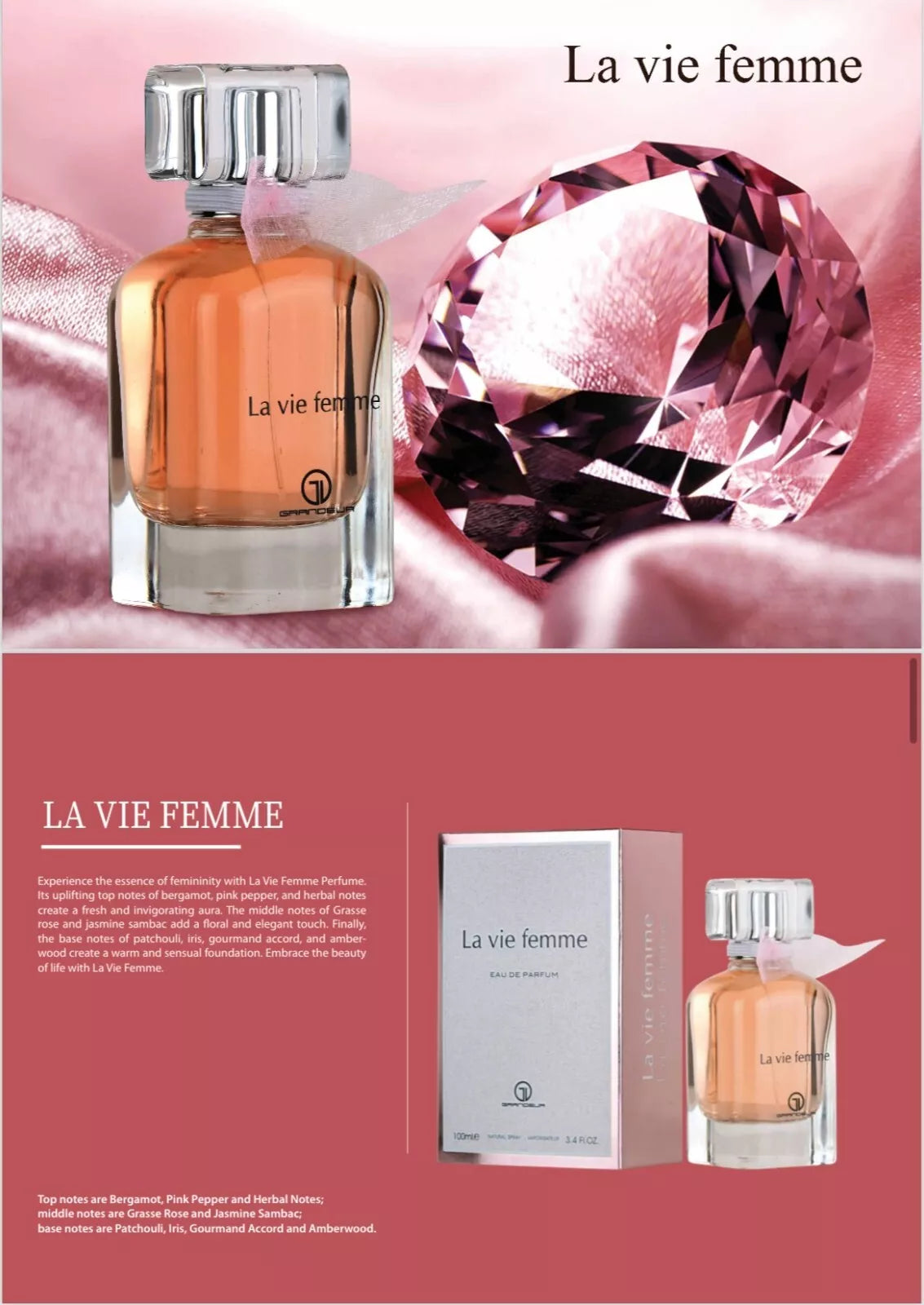 La Vie Femme Eau De Parfum For Women By Grandeur 3.4oz/100ml La Vie Femme Eau De Parfum For Women By Grandeur 3.4oz/100ml