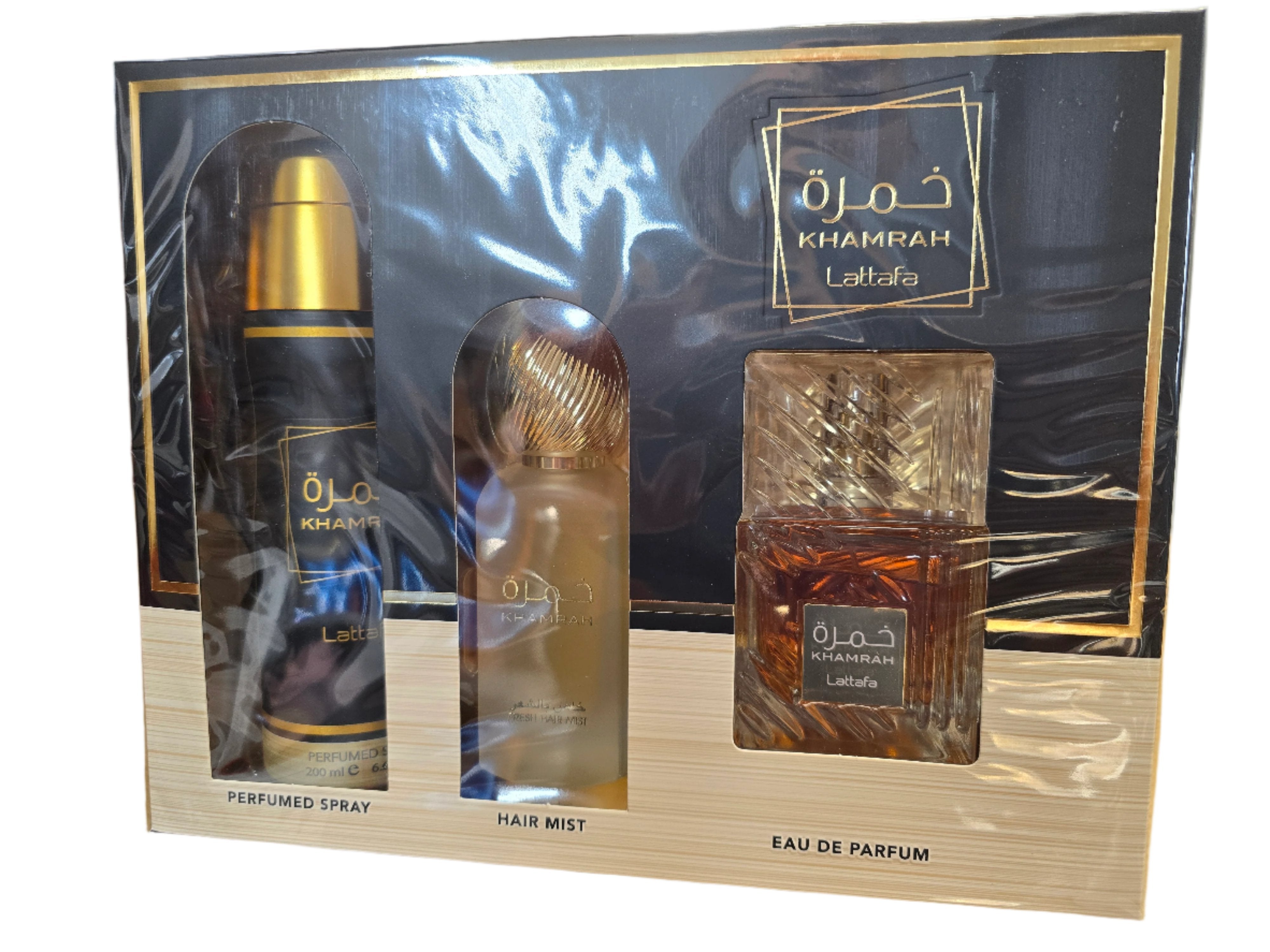 Khamrah By Lattafa Unisex 3Pcs Gift Set 100ml EDP 200ml Deo 50ml Hairmist