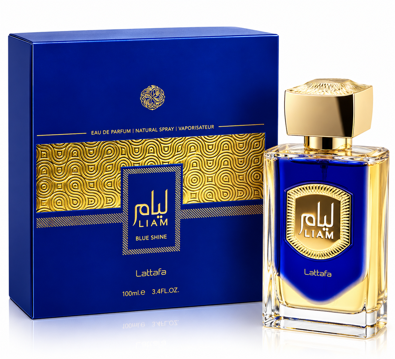 Lattafa Liam Blue Shine EDP 100ml - Bottle and Box Front View