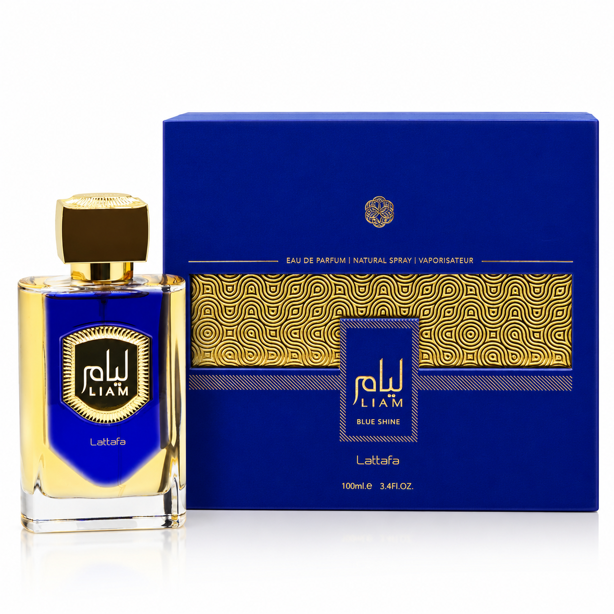 Lattafa Liam Blue Shine EDP 100ml - Bottle and Box Front View