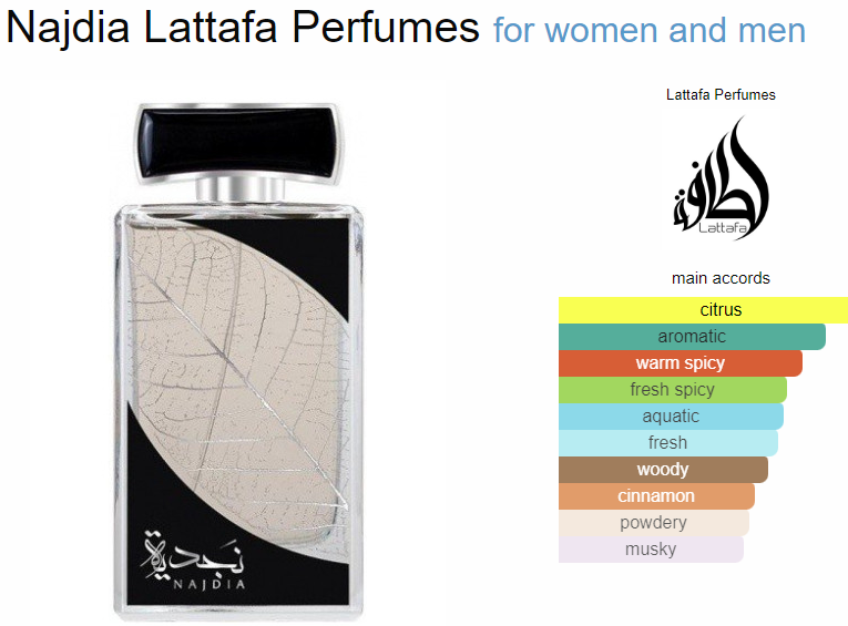 Lattafa Najdia presents an elegant, enveloping woody, amber, aromatic profile. Its composition is designed for women and men and offers a versatile fragrance experience ideal for everyday wear, dates, dinners, and special occasions.