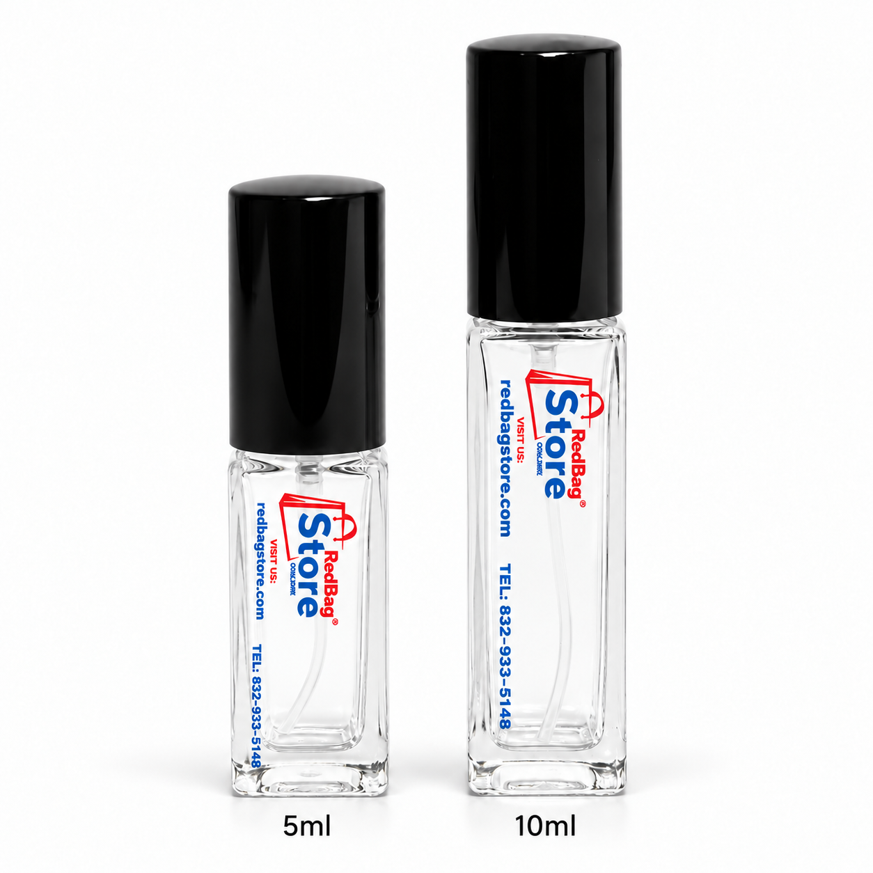 Marc Jacobs Perfect bottle beside pink RedBag Store 5ml and 10ml decant sprays