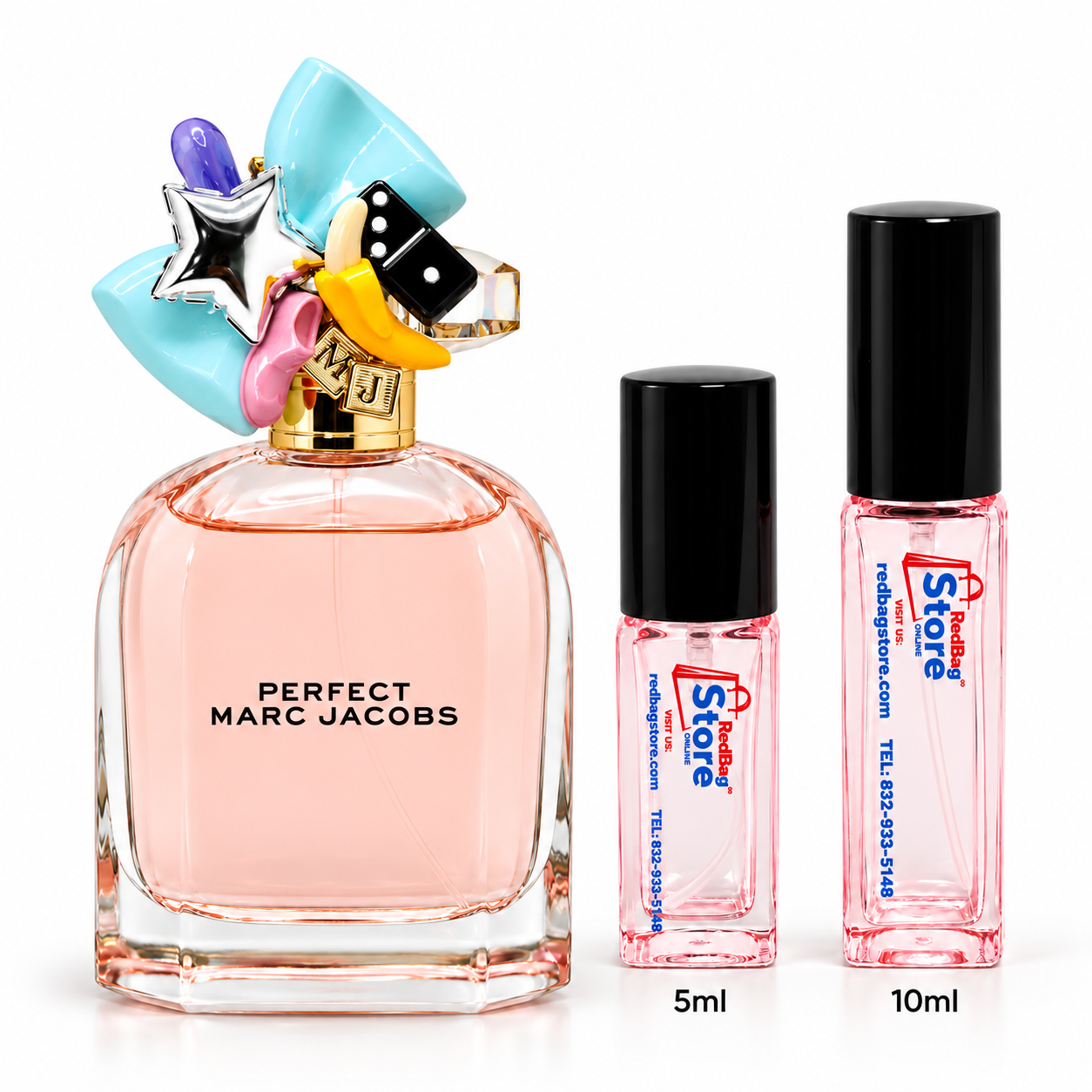 Marc Jacobs Perfect bottle beside pink RedBag Store 5ml and 10ml decant sprays