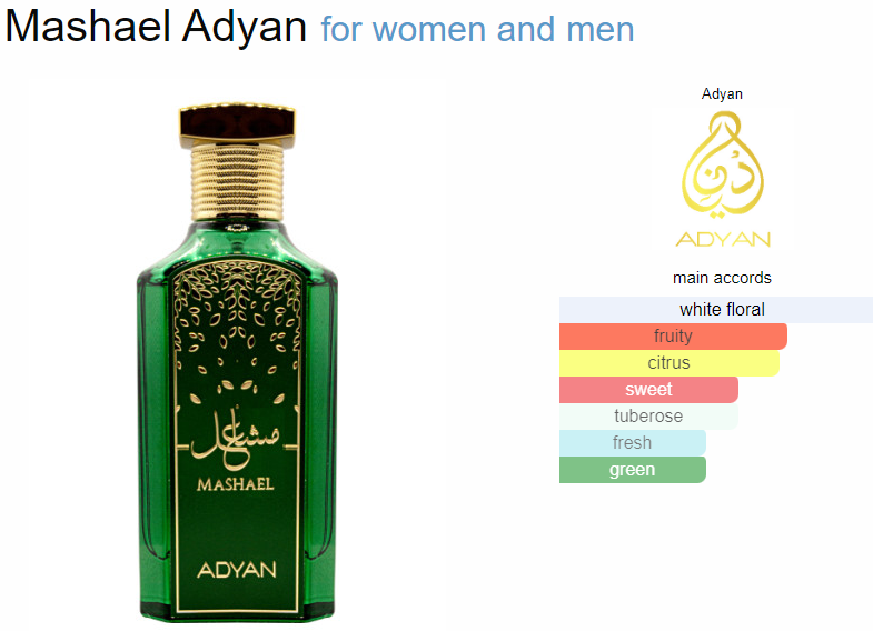 A boxed and bottled fragrance product, with the brand name 'Mashael' and the word 'Adyan' visible on the packaging.