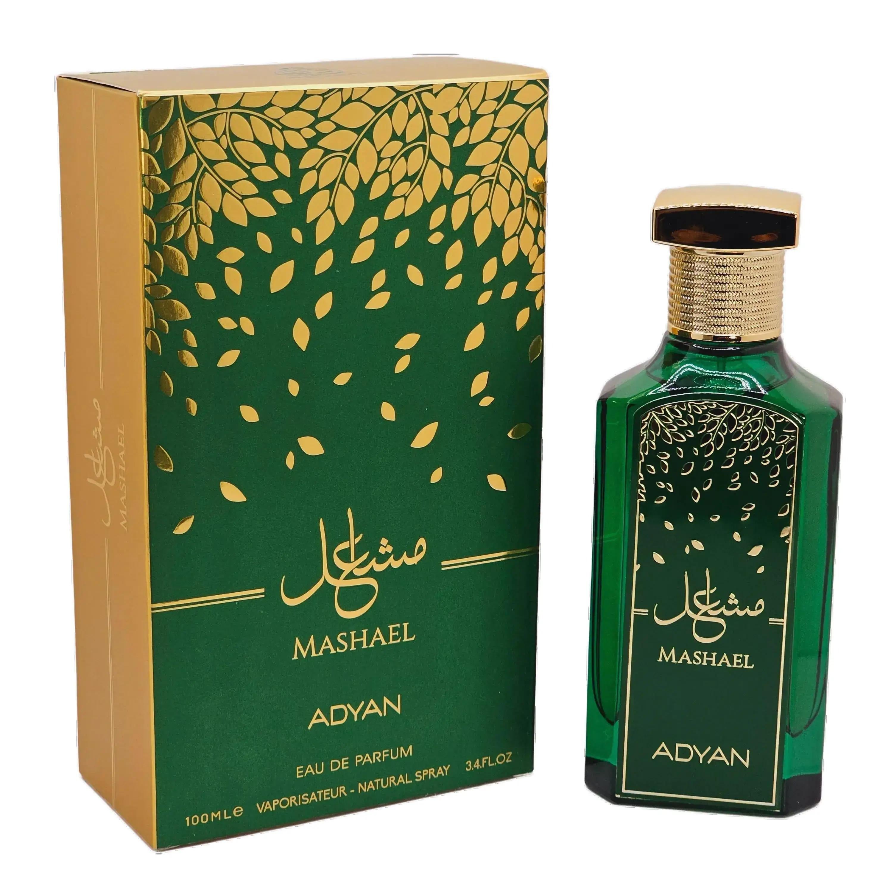 A boxed and bottled fragrance product, with the brand name 'Mashael' and the word 'Adyan' visible on the packaging.
