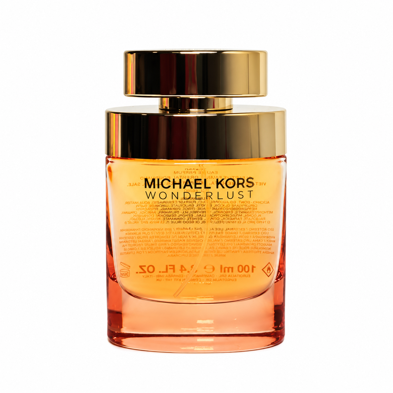 Michael Kors Wonderlust EDP 100ml amber coral bottle with gold travel atomizer front view on white background