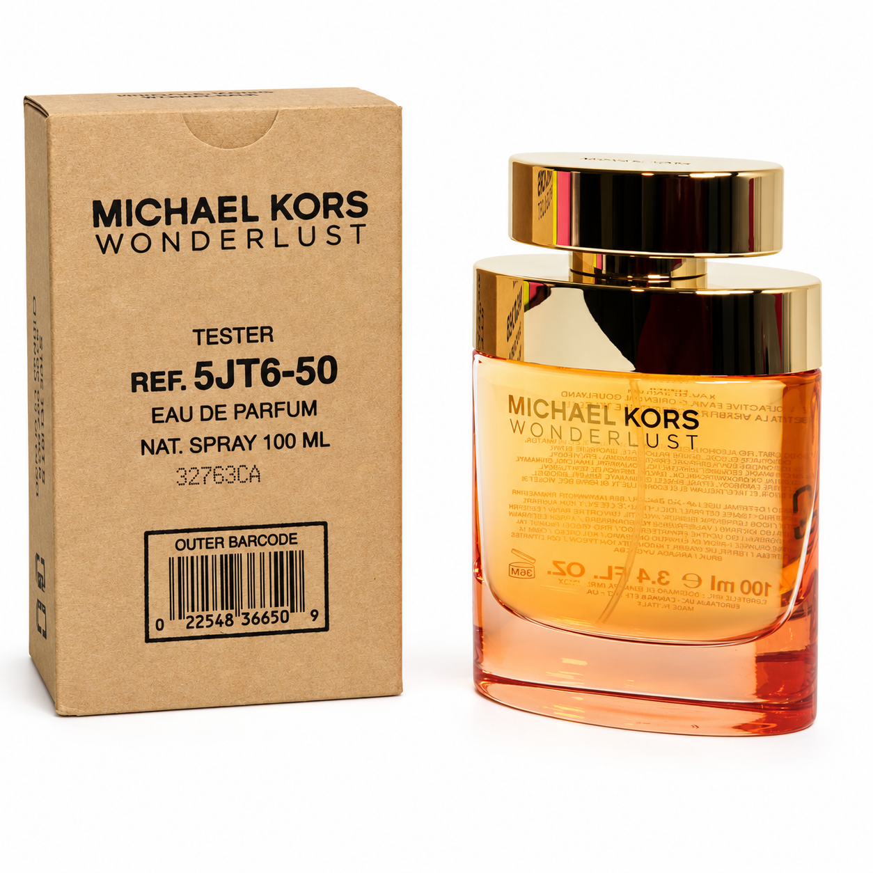 Michael Kors Wonderlust EDP 100ml amber coral bottle with gold travel atomizer front view on white background