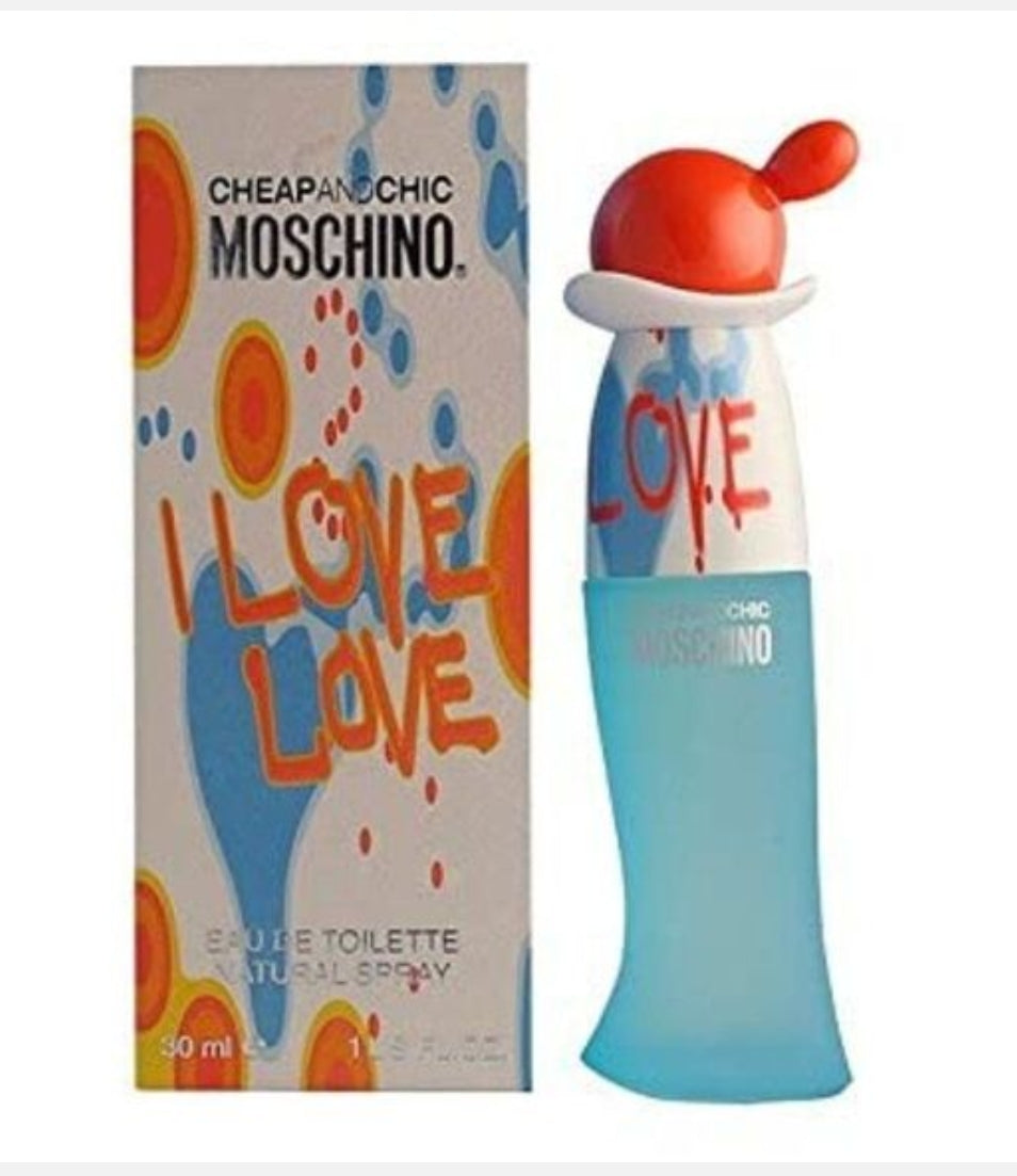 Moschino perfume bottle and packaging with colorful design on a white background