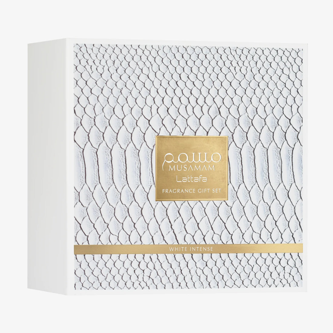 Cosmetic set with gold and beige bottles in a white box, featuring a visible brand logo.